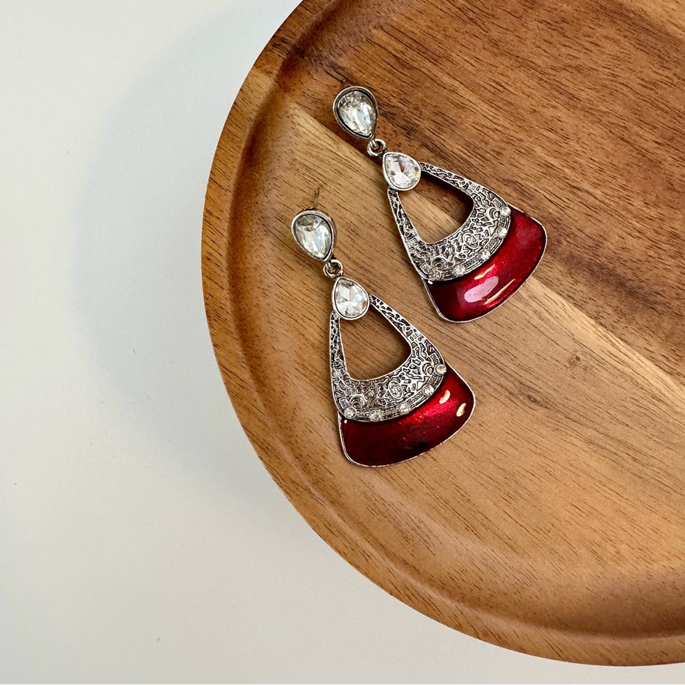 4/$15 Burnished Silver Vintage Retro Red Enameled Crystal Dangling Earrings